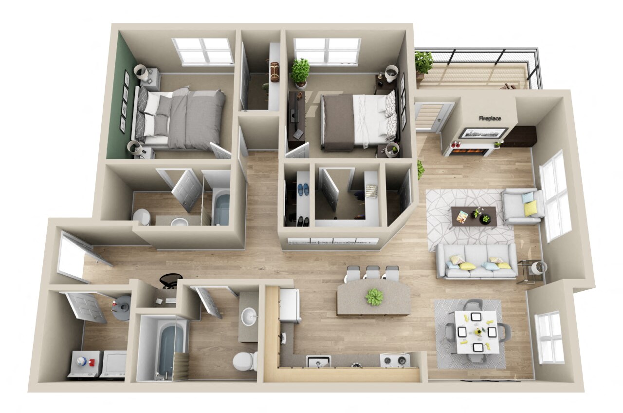 Floor plan for 2 beds, 2 baths, 1086 sqft